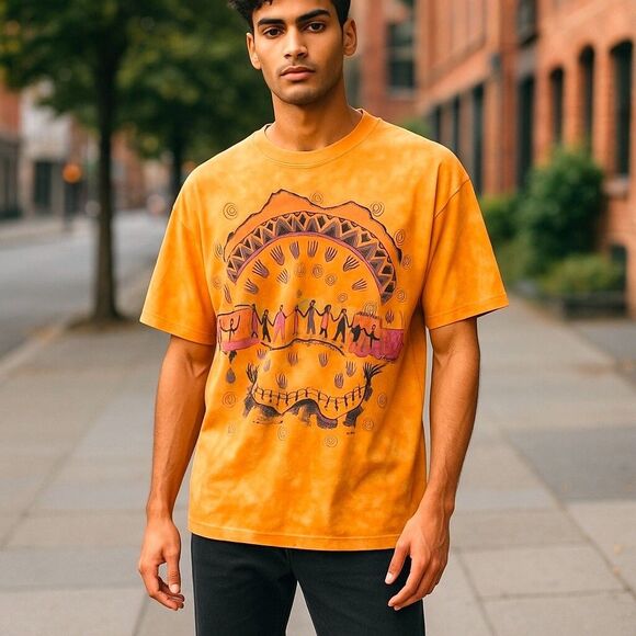 VTG The Mountain Mens XL Tie Dye Tribal T-Shirt Handprint Ginny Hogan 1999 - Picture 1 of 8